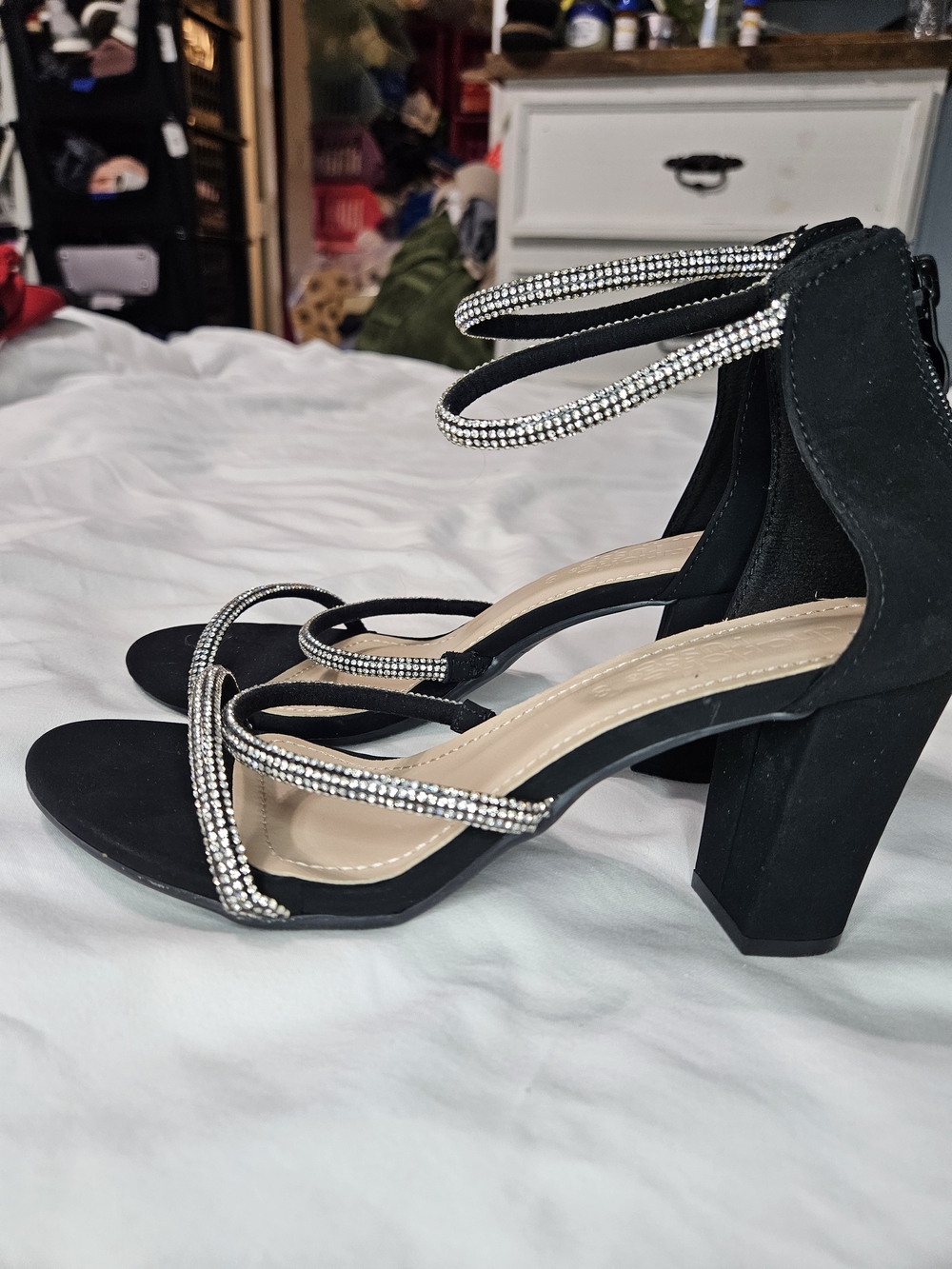 Charlotte Russe Black Block Heels with Rhinestone Straps